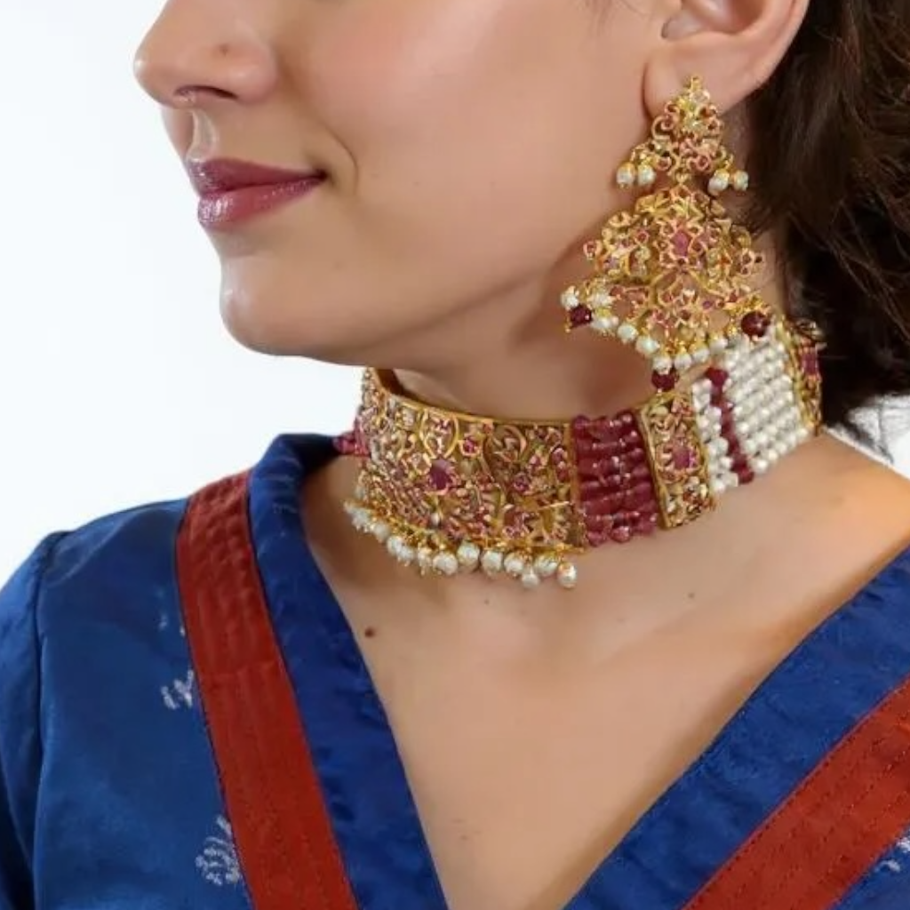 C570 Gold plated jadau choker in Ruby pearls ( READY TO SHIP )