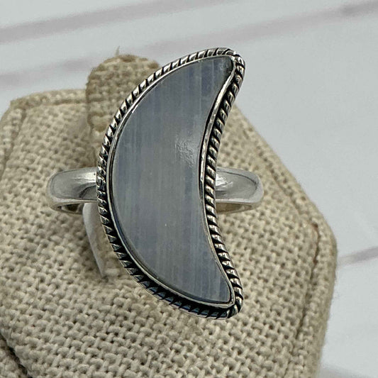 Sterling Silver Rainbow Moonstone Crescent Moon Ring – Size 8 – Intuition, Divine Feminine Energy & Emotional Balance
