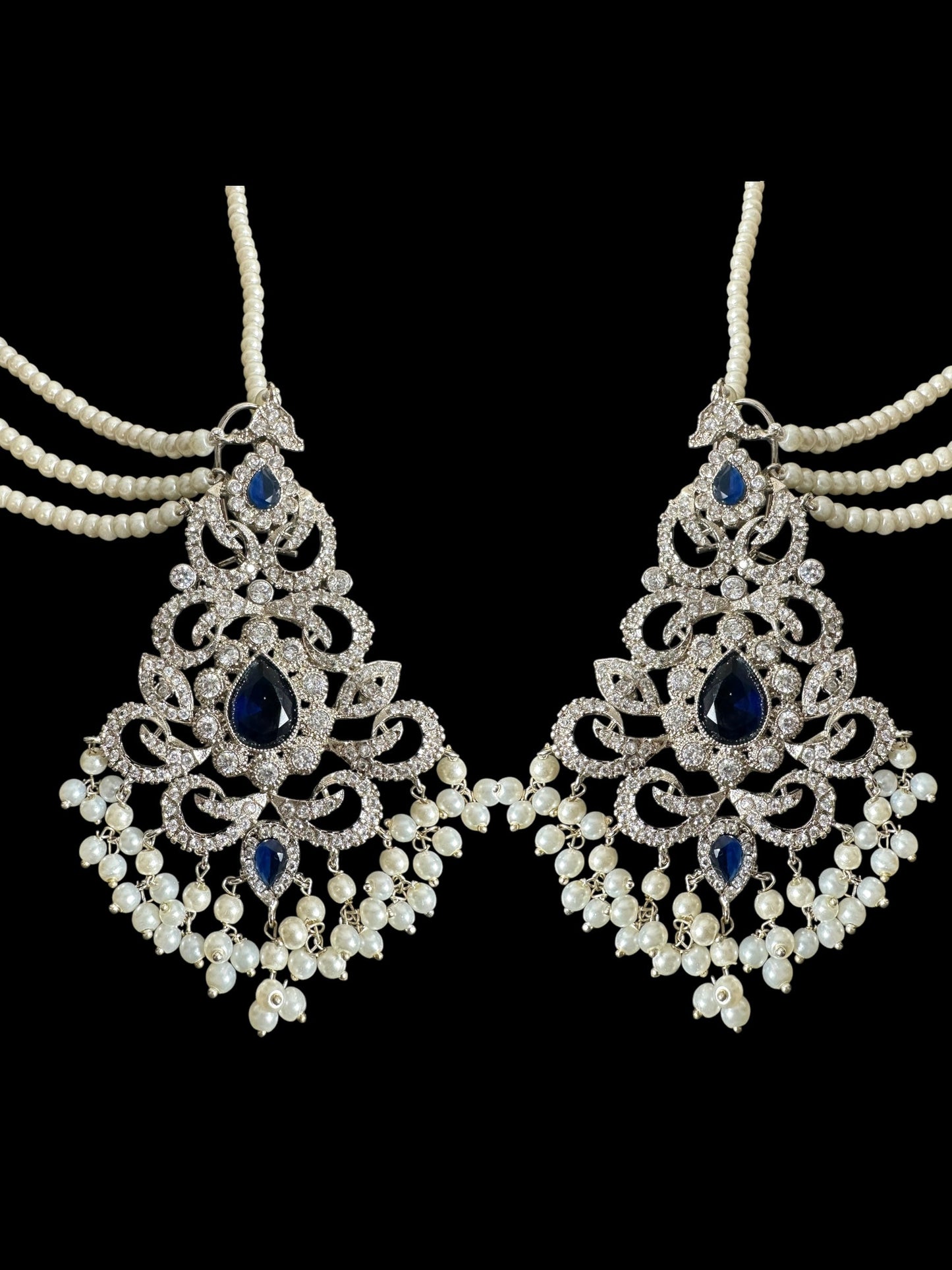 DJET74 Raaga zircon earring tika set in blue with silver plating ( READY TO SHIP )