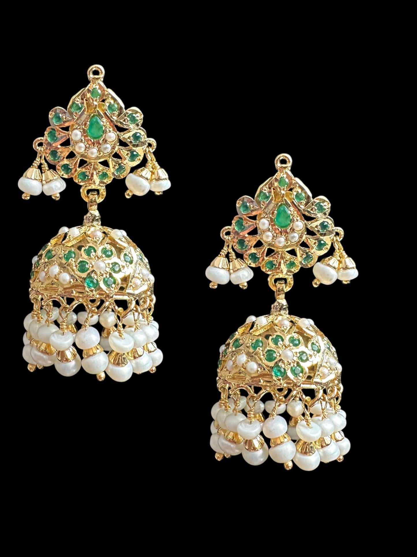 MISHAL gold plated silver jhumka - emeralds & pearls ( READY TO SHIP )