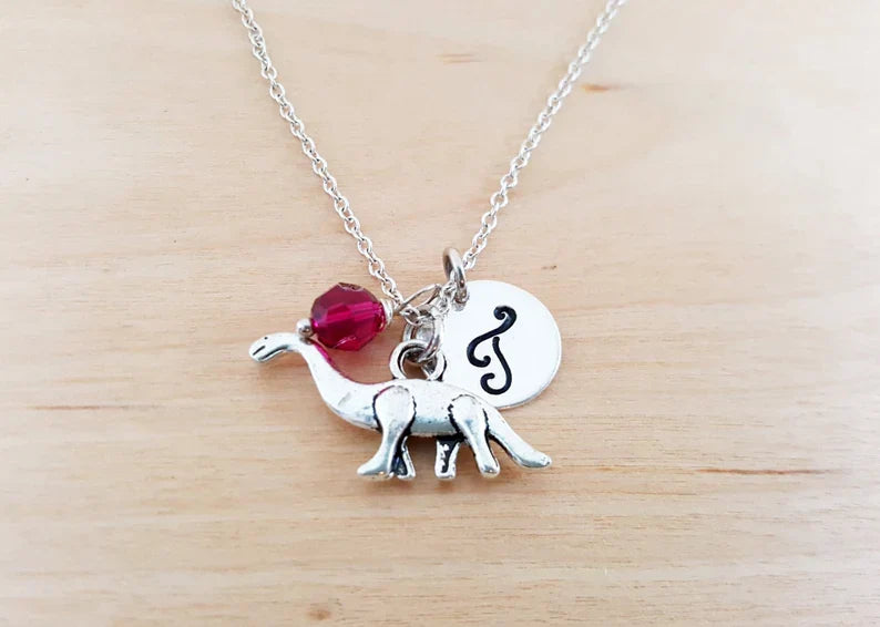 Personalized Brontosaurus Necklace – Sterling Silver Chain with Birthstone & Initial