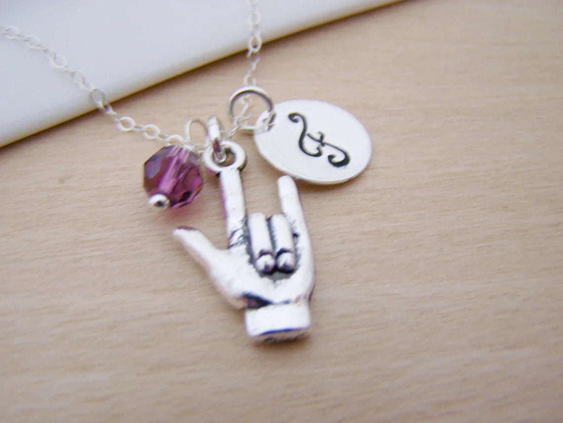 Personalized Sign Language “I Love You” Necklace – Sterling Silver Chain with Birthstone & Initial