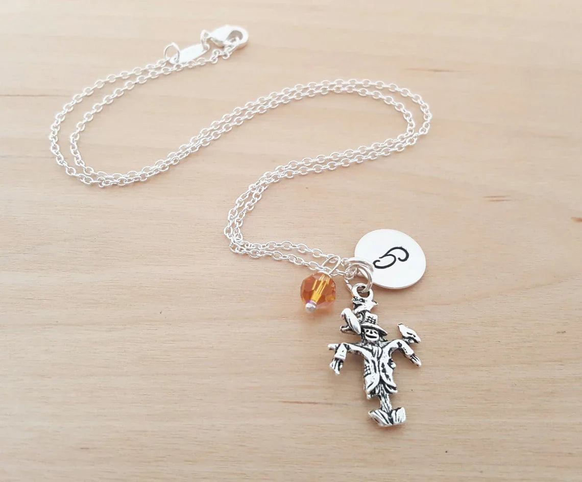 Personalized Scarecrow Necklace – Sterling Silver Chain with Birthstone & Initial