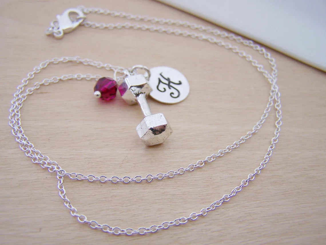 Personalized Dumbbell Necklace – Weightlifting Charm with Sterling Silver Chain & Birthstone