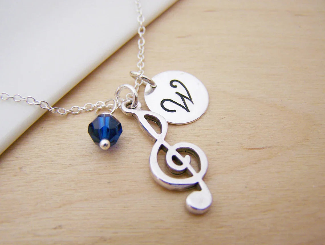Personalized Treble Clef Necklace – Sterling Silver Chain with Birthstone & Initial