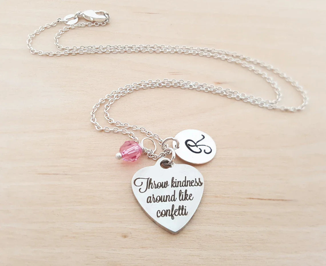 “Throw Kindness Around Like Confetti” Necklace – Stainless Steel Charm on Sterling Silver Chain with Birthstone & Initial