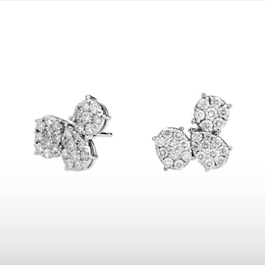 Trio Natural Diamond Cluster Stud Earrings in 14K Gold – 0.93ctw