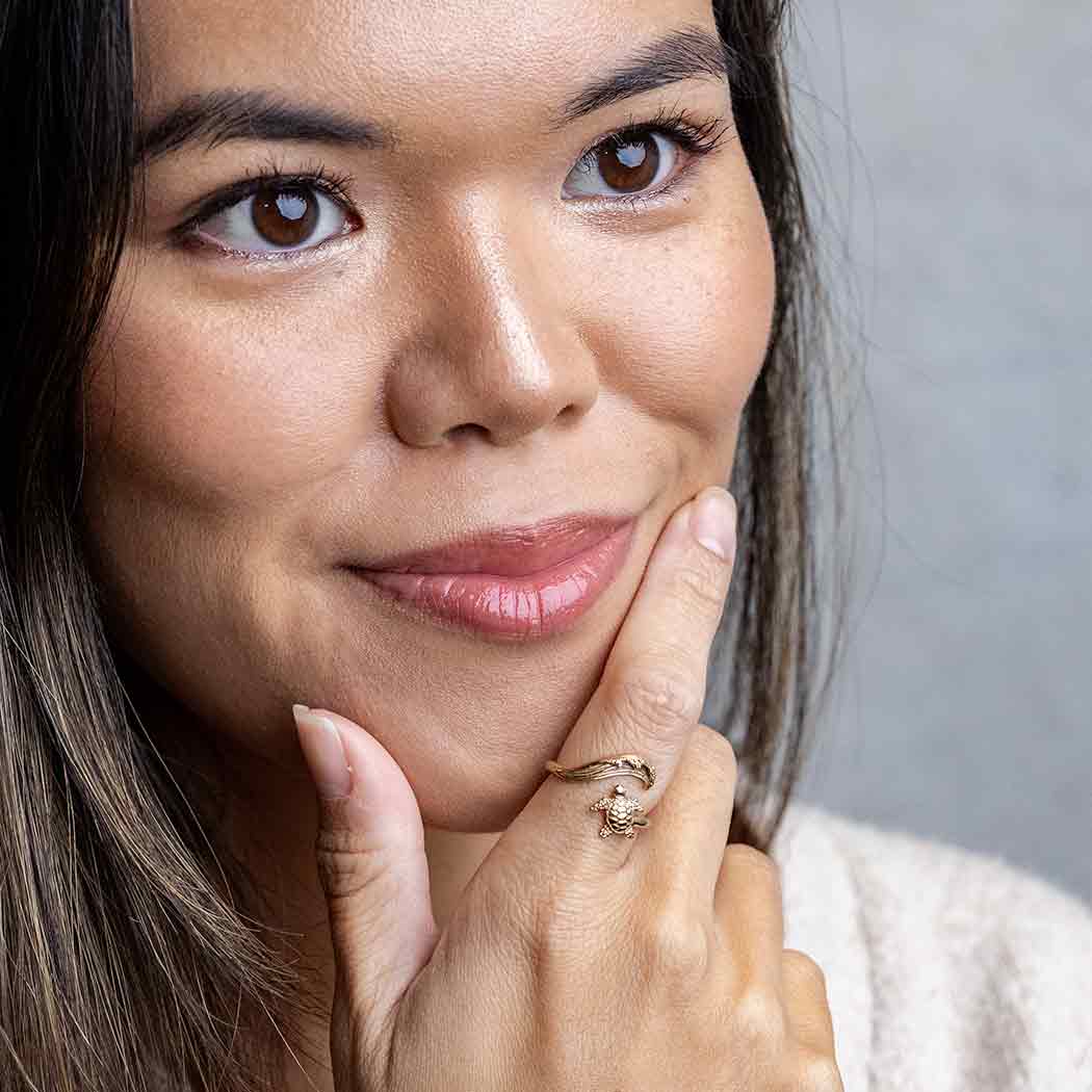 Bronze Sea Turtle and Wave Adjustable Ring – Ocean-Inspired Animal Jewelry