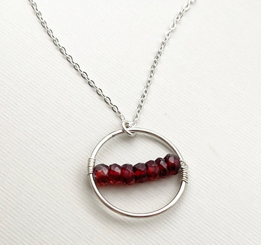 Garnet Bar Circle Necklace – Sterling Silver