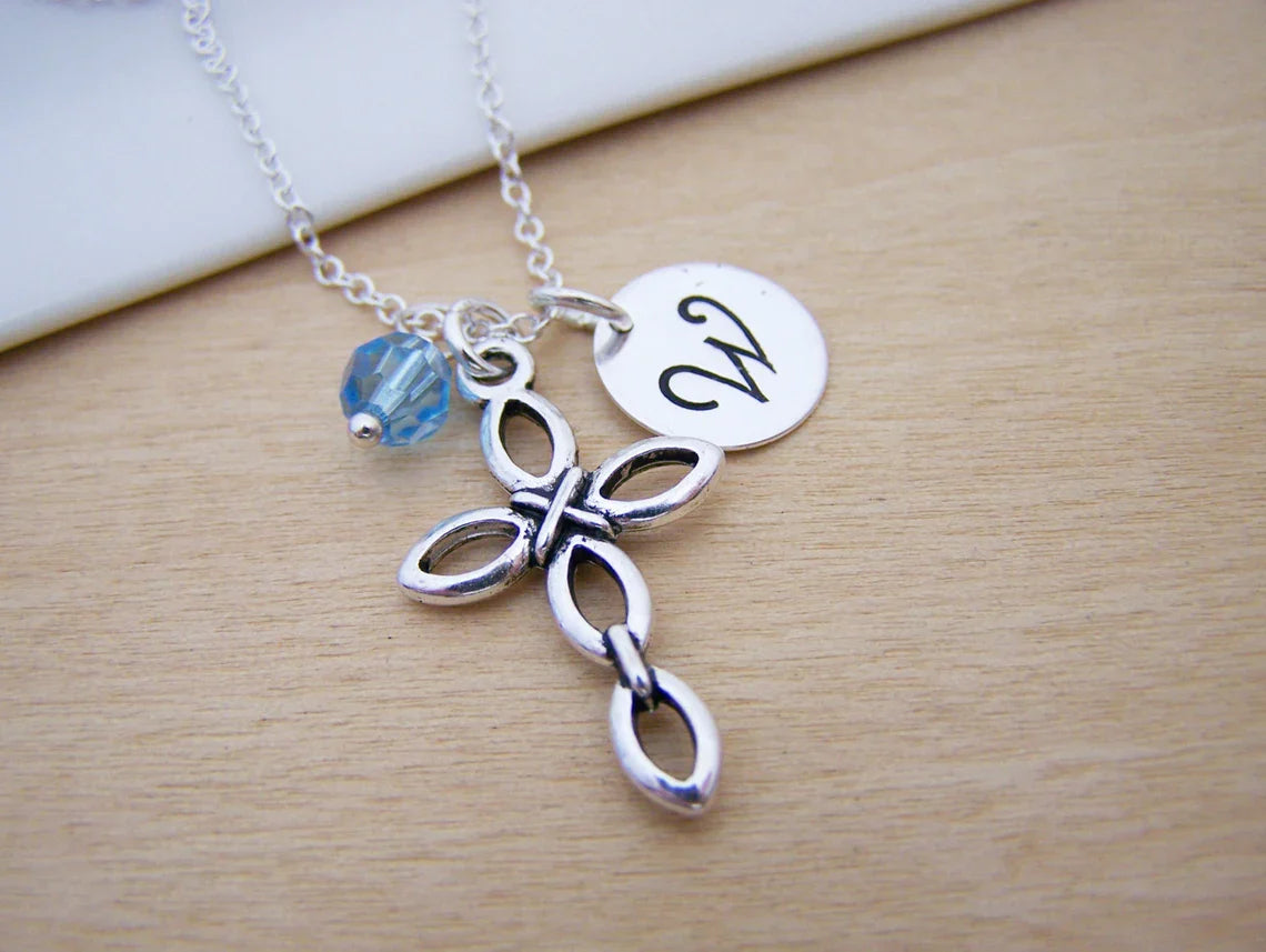 Personalized Cross Necklace – Sterling Silver Chain with Birthstone & Initial