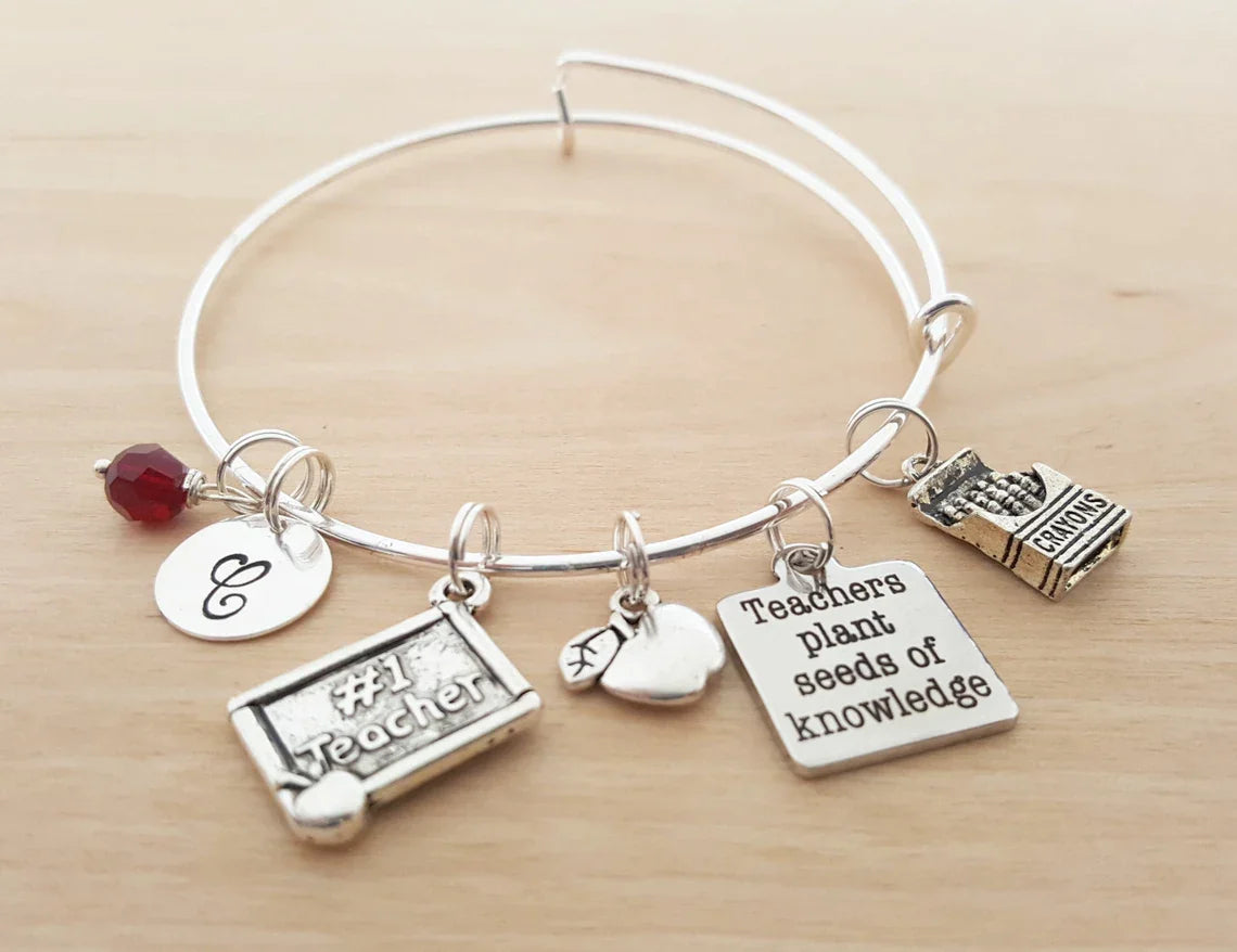 #1 Teacher Bracelet – Adjustable Bangle with Birthstone & Initial