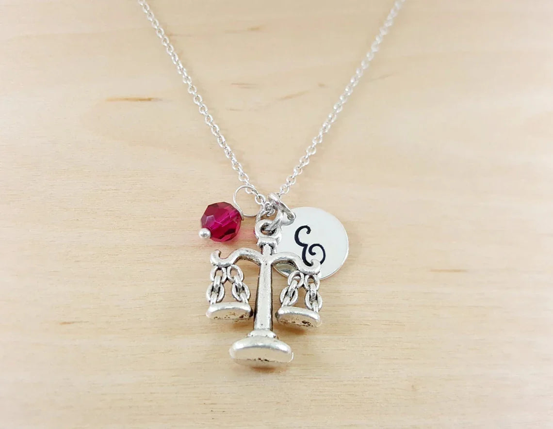 Justice Scales Necklace – Sterling Silver Chain with Personalized Birthstone & Initial