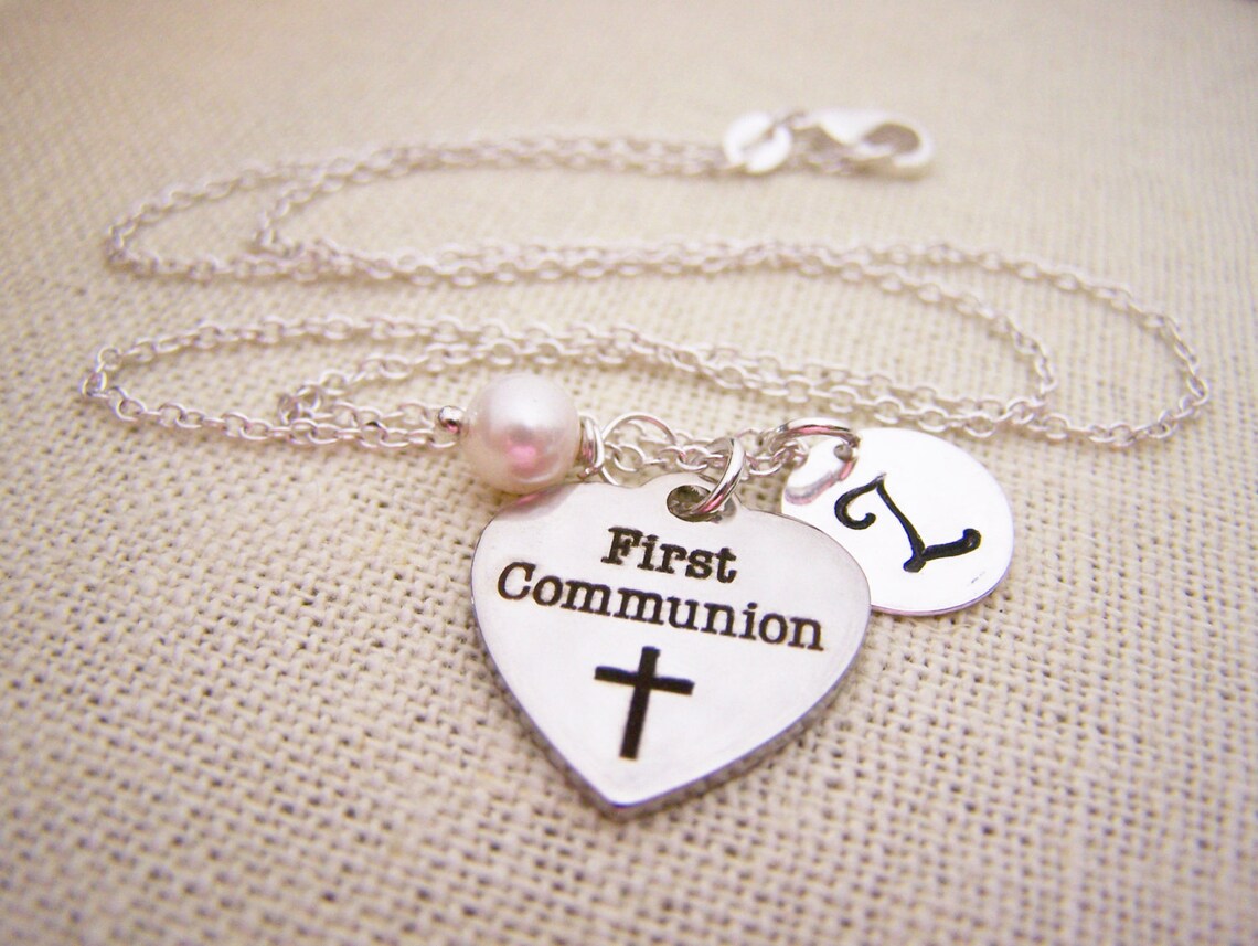 First Communion Necklace – Sterling Silver with Pearl, Initial & Stainless Steel Heart Charm