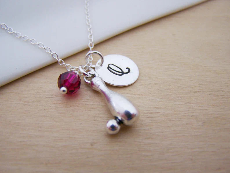 Personalized Bowling Necklace – Sterling Silver Chain with Birthstone & Initial