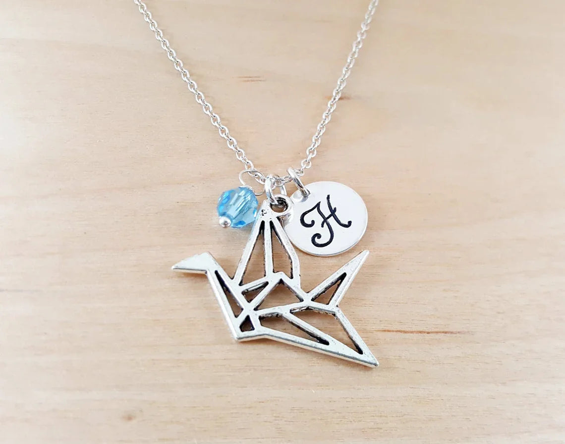 Personalized Paper Crane Necklace – Sterling Silver Chain with Birthstone & Initial