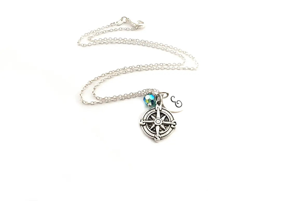 Personalized Compass Necklace – Sterling Silver Chain with Birthstone & Initial