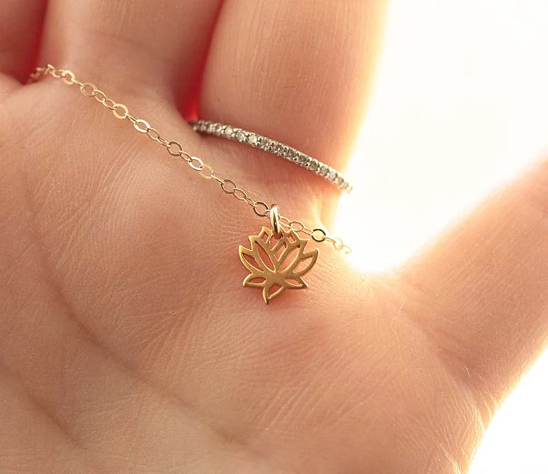 Tiny Gold Lotus Necklace – 16" Gold Filled Chain