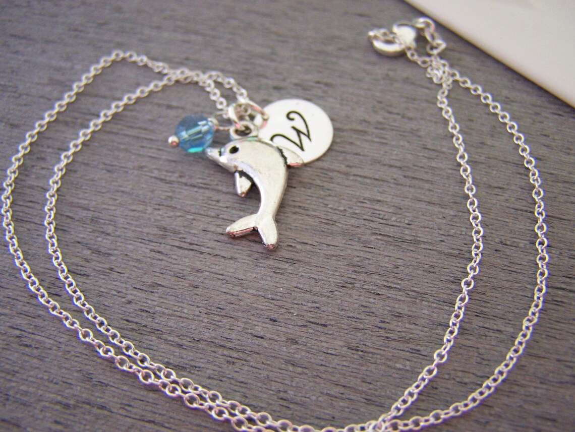 Personalized Dolphin Necklace – Sterling Silver Chain with Birthstone & Initial