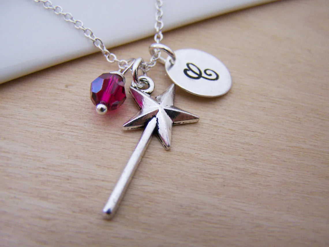 Personalized Magic Wand Necklace – Sterling Silver Chain with Birthstone & Initial