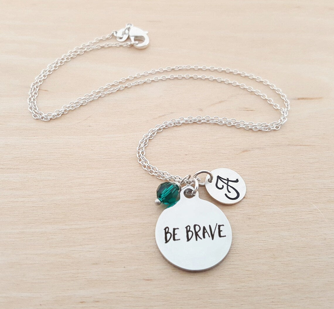 Be Brave Necklace – Sterling Silver with Birthstone & Initial Charm