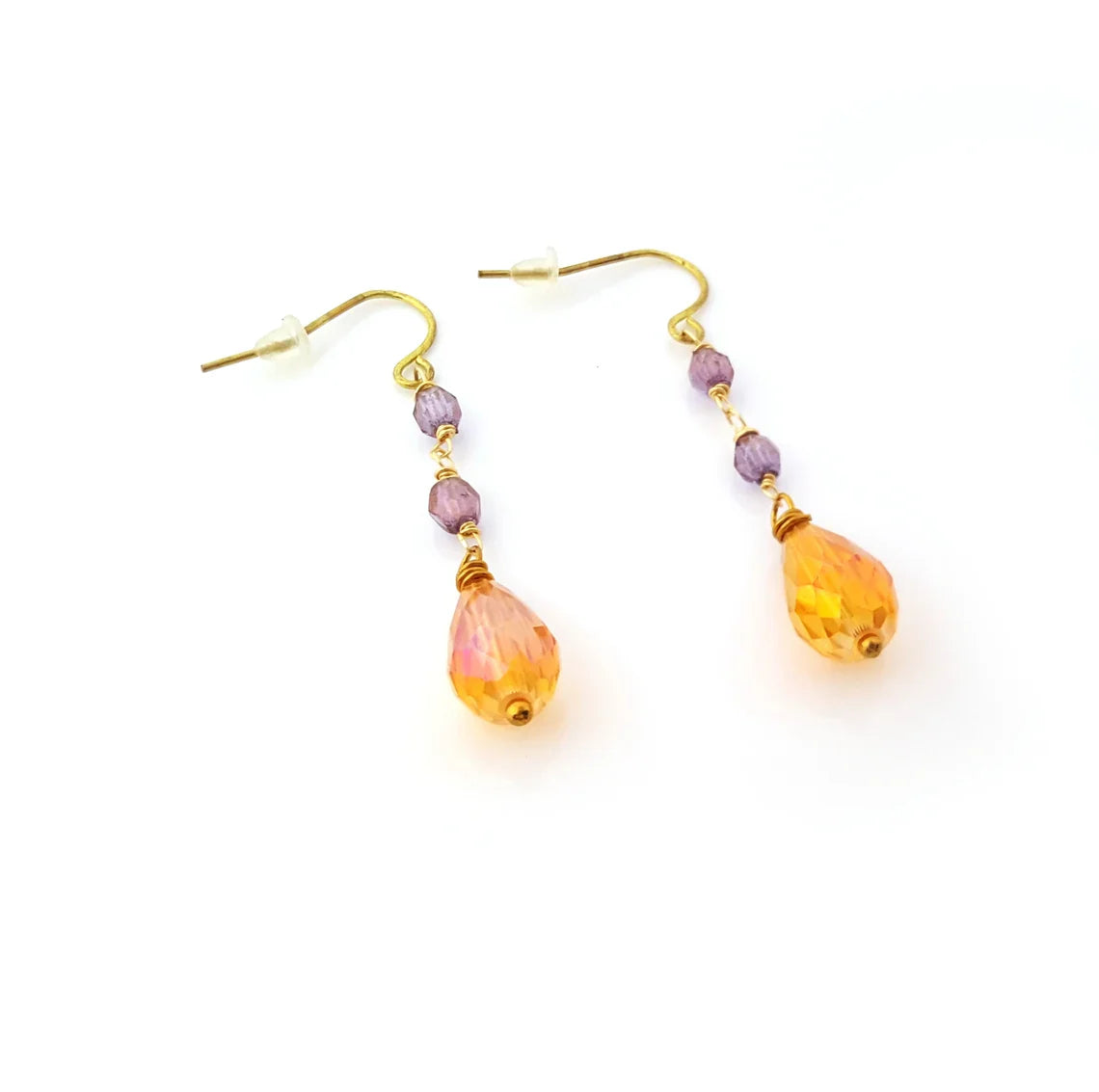Purple & Orange Czech Glass Beaded Drop Earrings