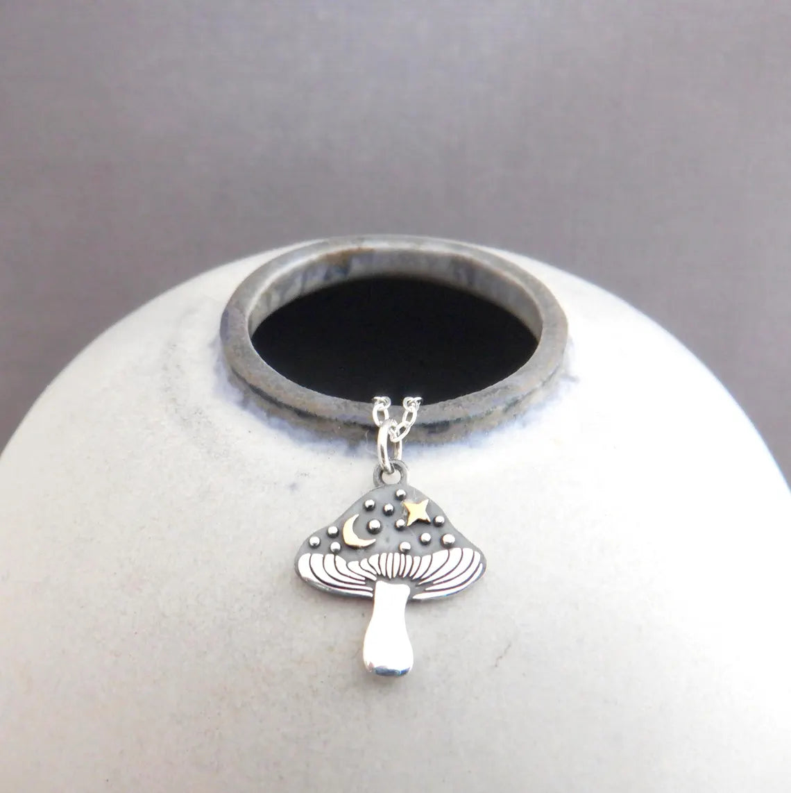 Mushroom & Moon Necklace – Sterling Silver with Bronze Crescent and Star, 18" Chain