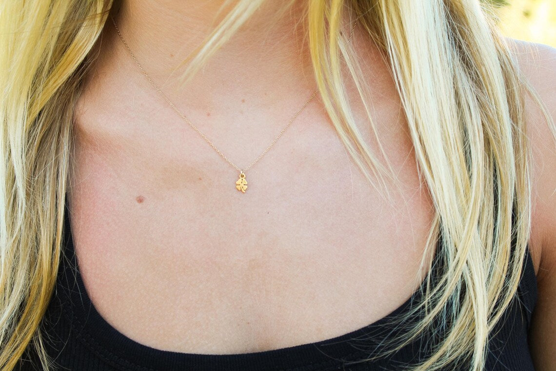 Tiny Gold Shamrock Necklace – Matte Vermeil Charm on 16" Chain