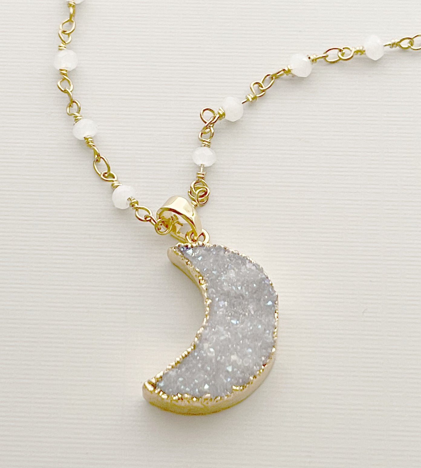 Druzy Moon Necklace – Gold Plated on White Rosary Chain, 21 Inch