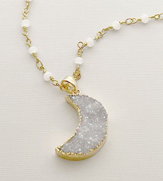 Druzy Moon Necklace – Gold Plated on White Rosary Chain, 21 Inch