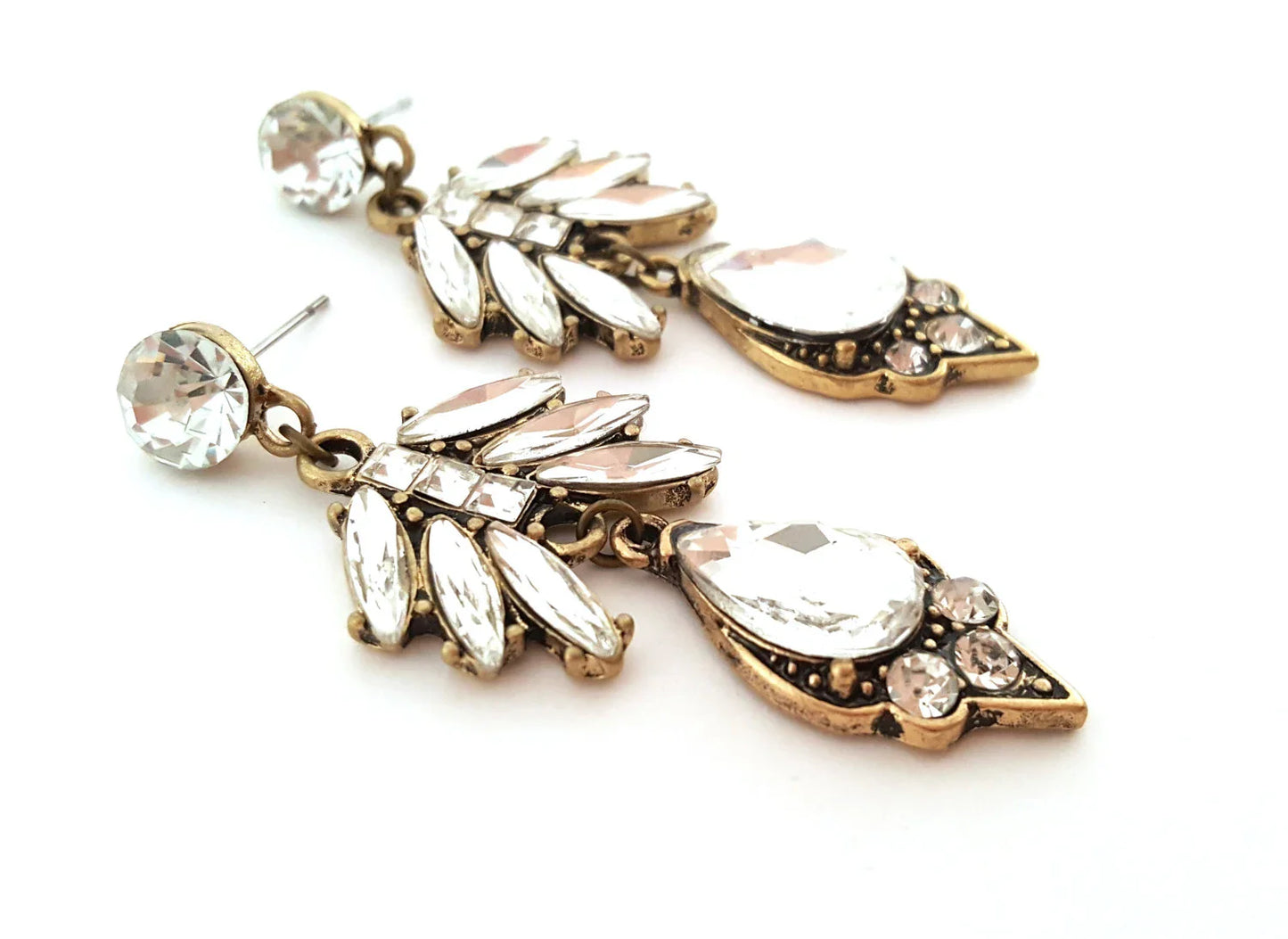 Vintage-Inspired Rhinestone Statement Earrings – Bronze Finish, 2.25 Inch