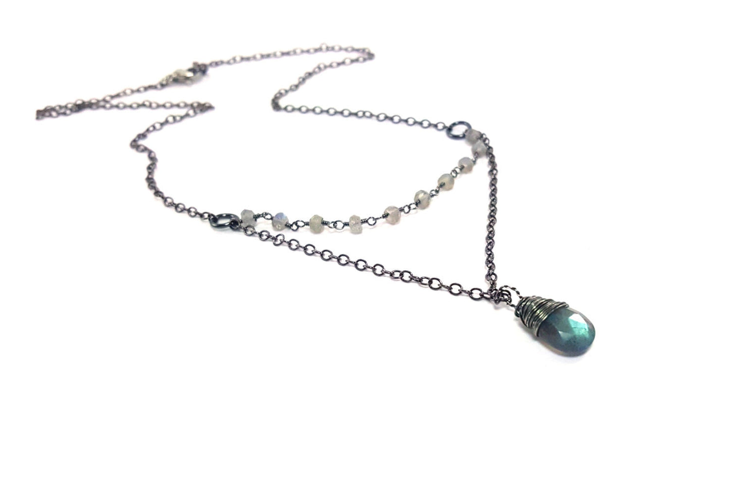 Blue Flash Labradorite & Oxidized Silver Rosary Necklace