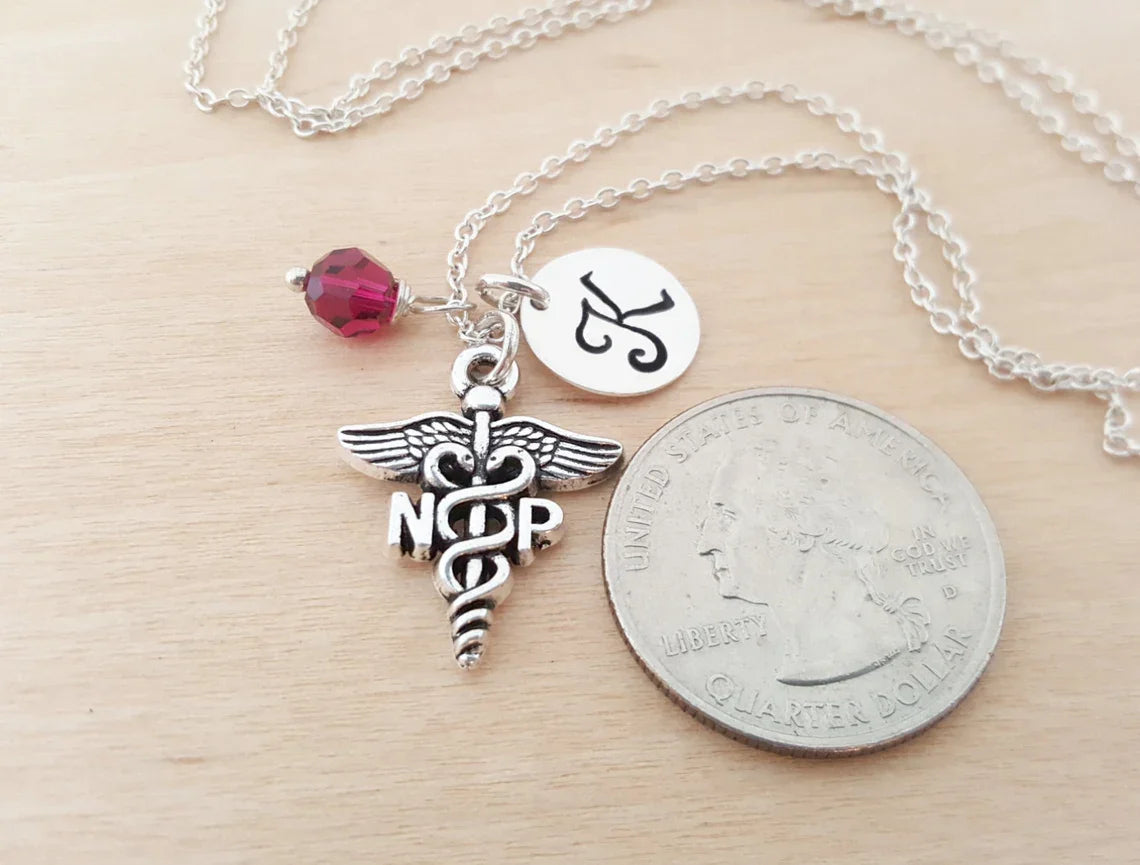 Personalized Nurse Practitioner Necklace – Sterling Silver Chain with Birthstone & Initial