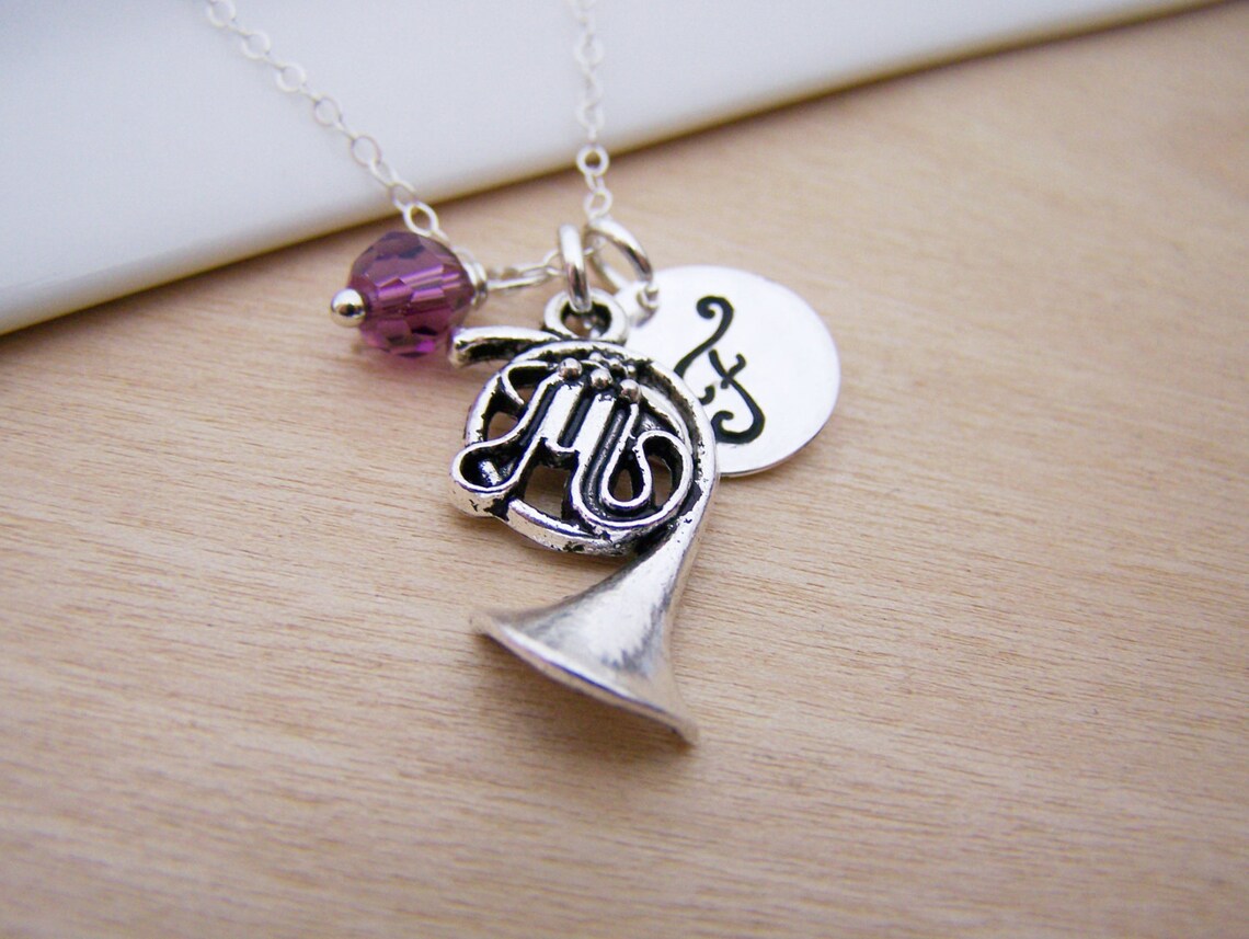 French Horn Necklace – Sterling Silver with Birthstone & Initial Charm