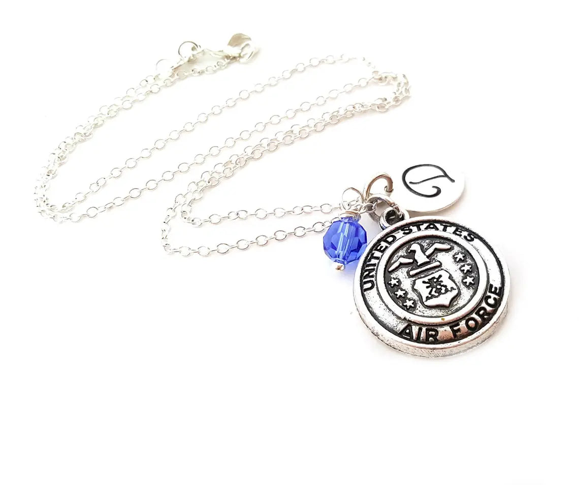 Personalized Air Force Necklace – Sterling Silver Chain with Birthstone & Initial