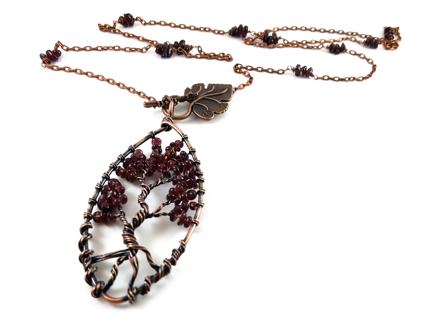 Garnet Tree of Life Pendant Necklace – Copper Wire Wrapped, 32 Inch Chain