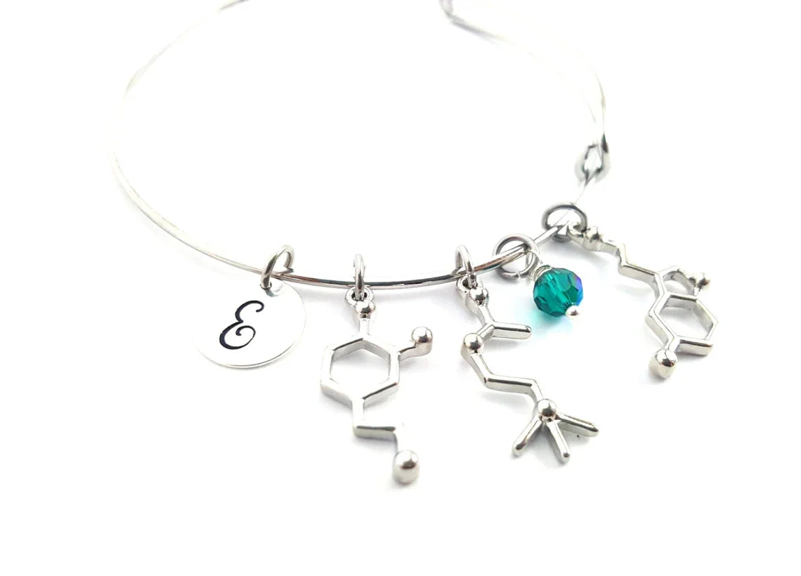 Serotonin Neurotransmitter Bracelet – Adjustable Bangle with Birthstone & Initial
