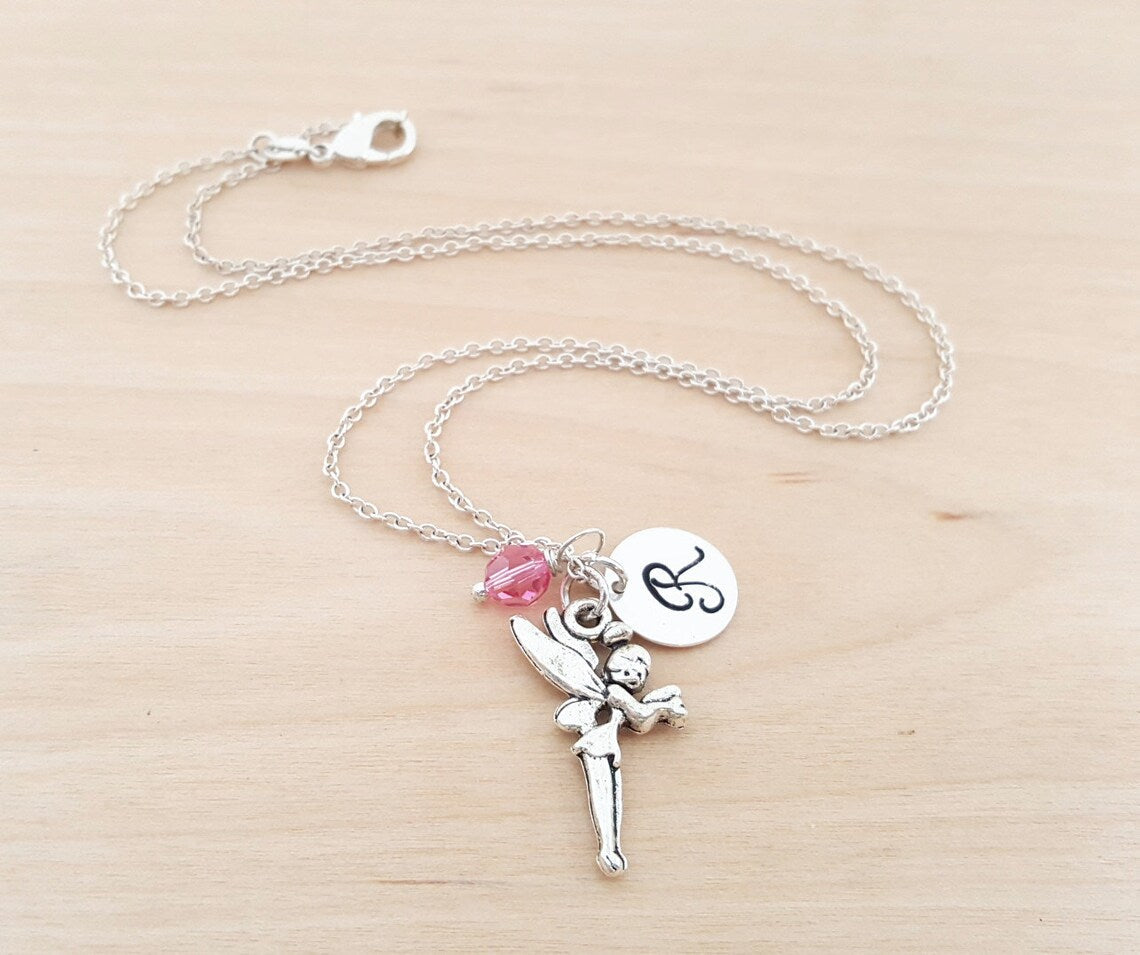 Fairy Necklace – Sterling Silver with Birthstone & Initial Charm