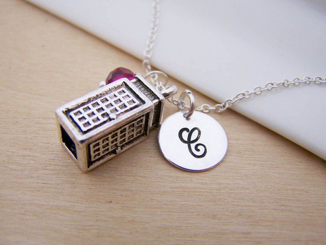Police Box - Phone Booth Necklace – Sterling Silver with Birthstone & Initial Charm