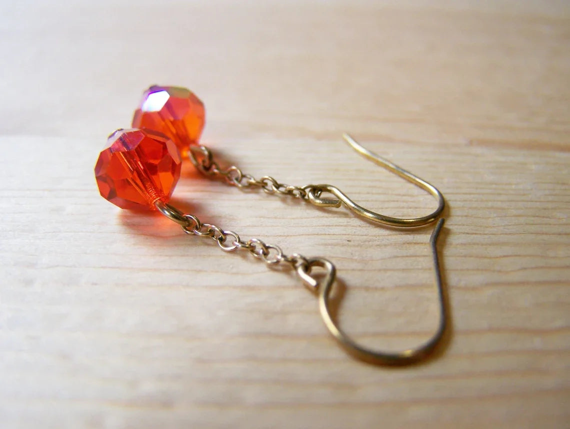 Dainty Red Swarovski Crystal Chain Dangle Earrings – Gold Brass
