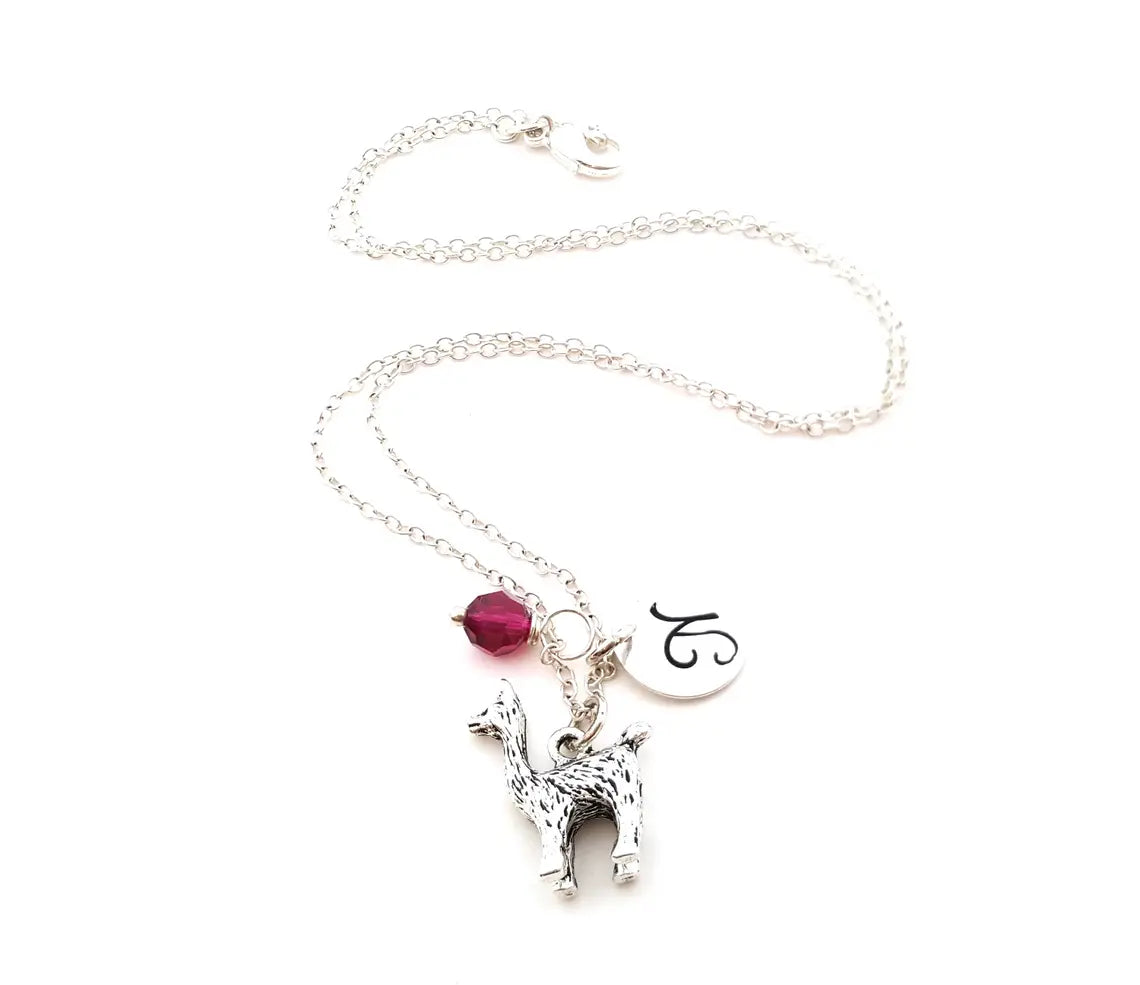 Personalized Llama Necklace – Sterling Silver Chain with Birthstone & Initial
