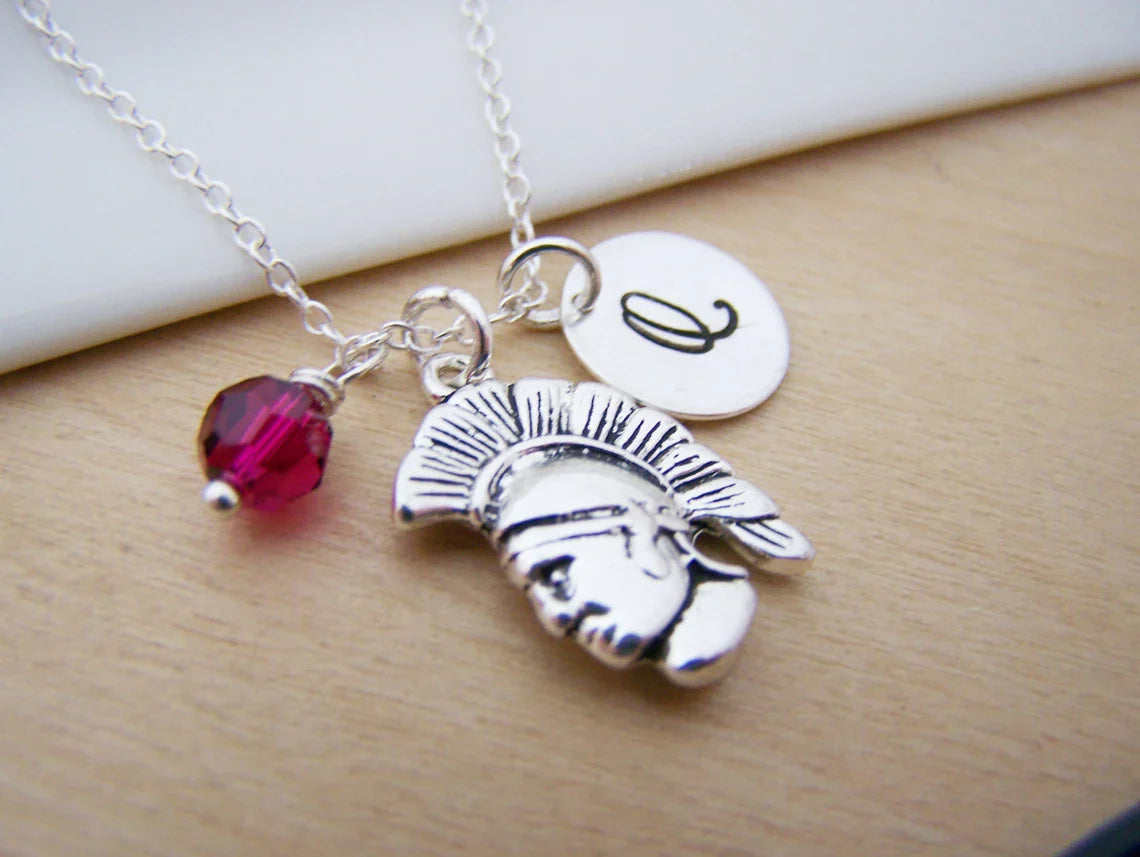 Personalized Spartan Necklace – Plated Spartan Charm with Sterling Silver Chain, Birthstone & Initial