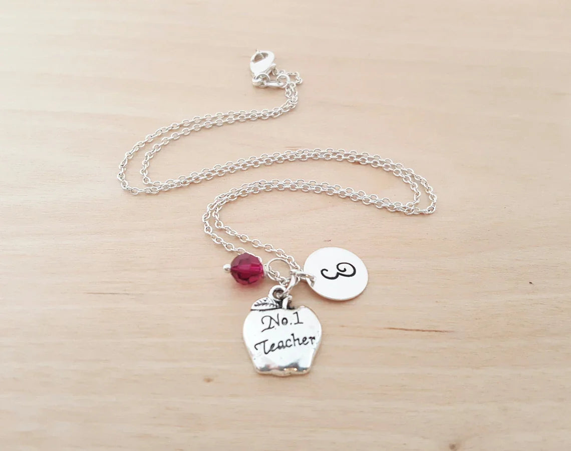 #1 Teacher Necklace – Sterling Silver Chain with Birthstone & Initial
