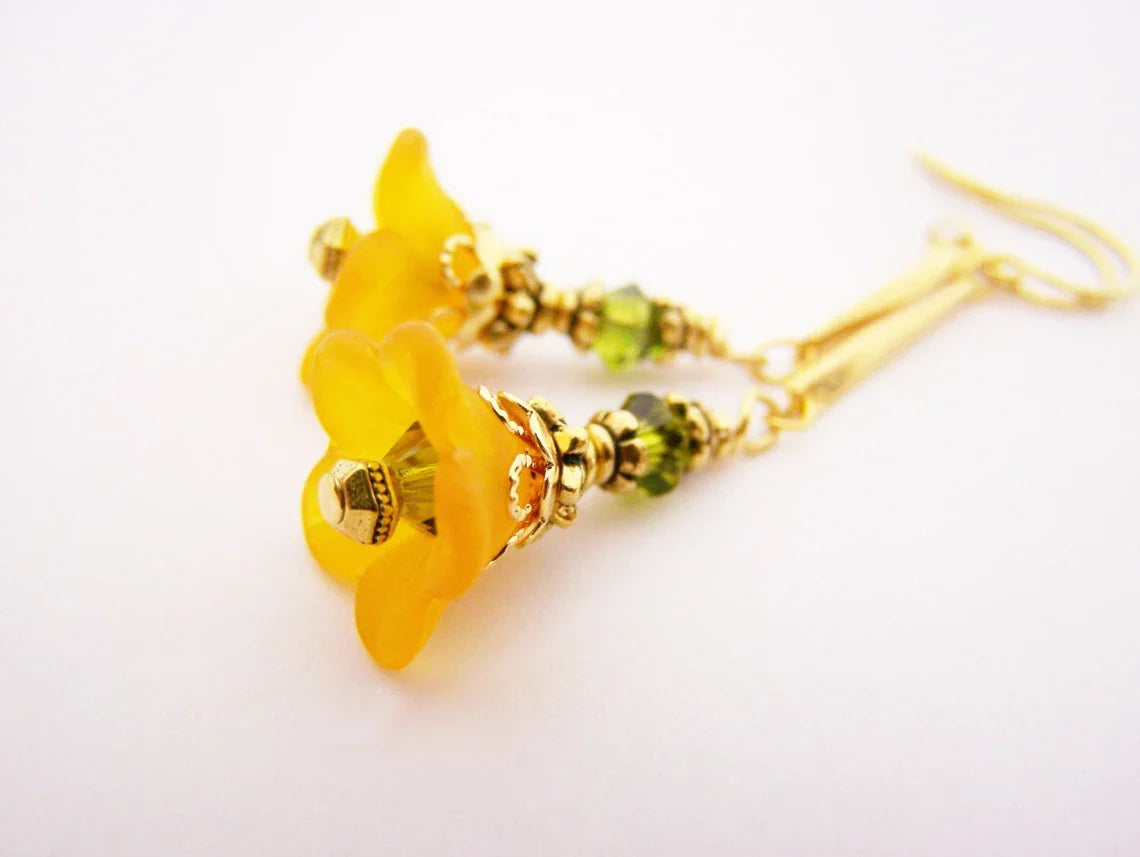 Orange Lucite Flower & Swarovski Crystal Dangle Earrings