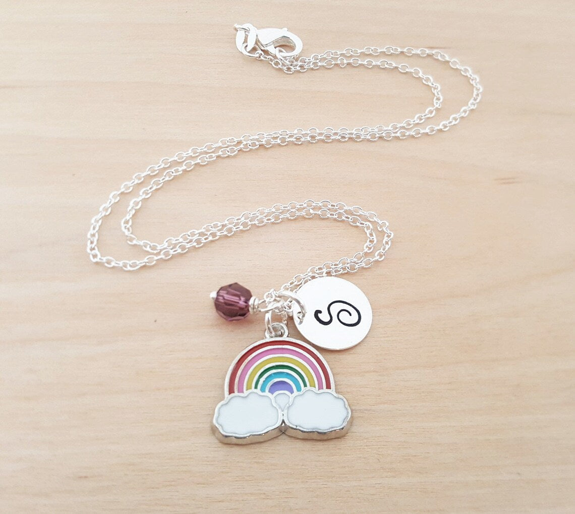 Rainbow Necklace – Sterling Silver with Birthstone & Initial Charm