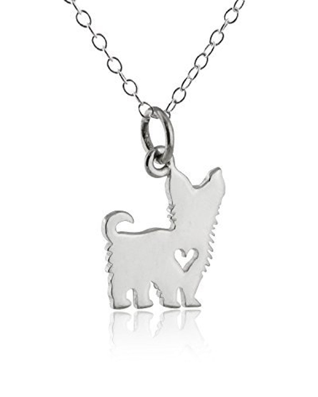Yorkshire Terrier Necklace – Sterling Silver Dog Charm with Heart Cutout on 18" Chain