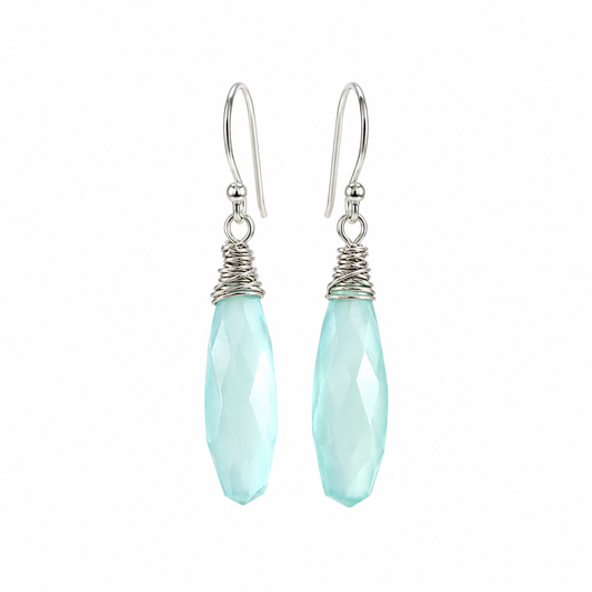 Aqua Chalcedony Briolette Wire Wrapped Earrings