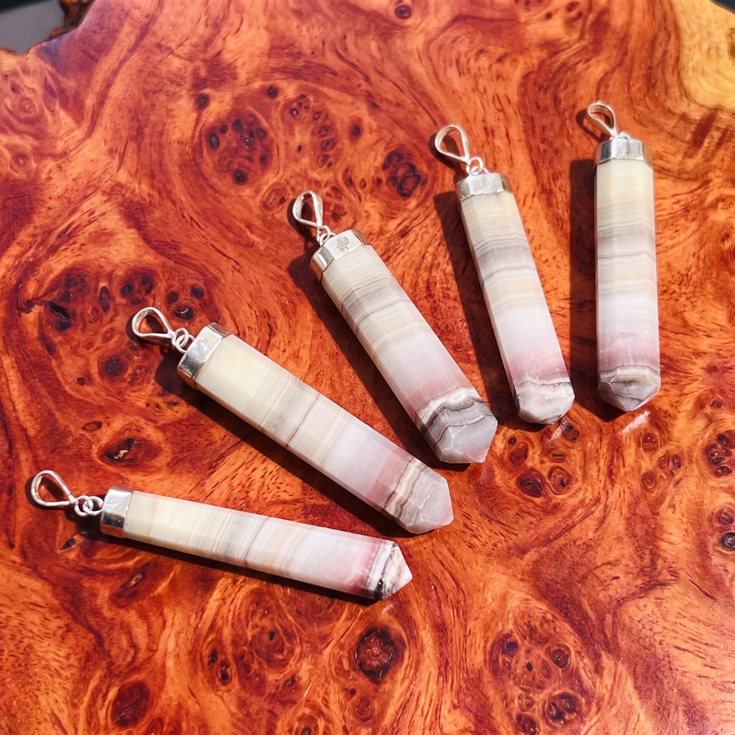 Pink Banded Calcite Crystal Point Pendant (925 Sterling Silver)