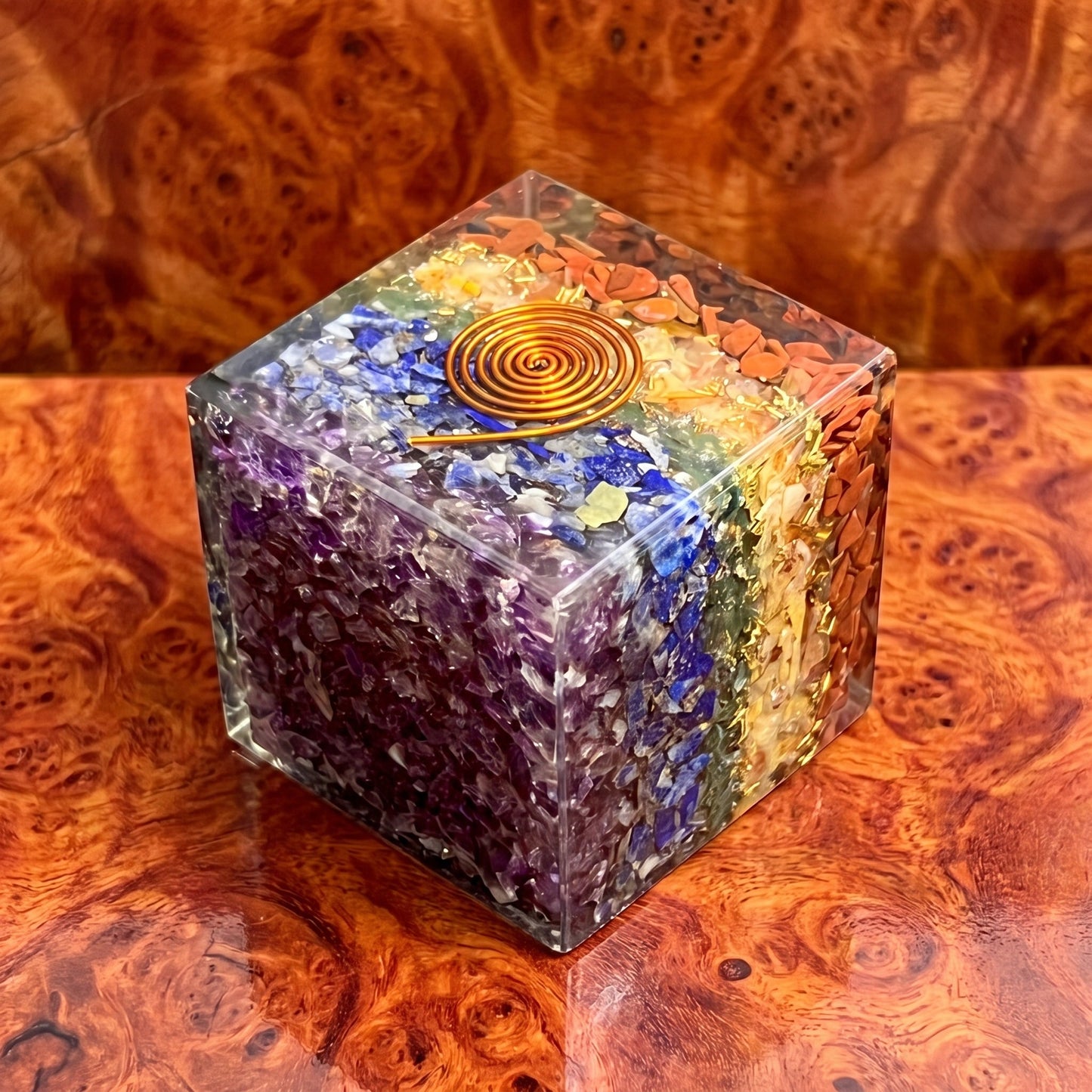 7 Stone Chakra Reiki Balance Crystal Resin Orgone Cube Carving
