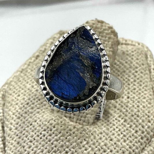 Sterling Silver Rough Bezeled Teardrop Labradorite Ring - Size 6 - Intuition, Protection & Transformation