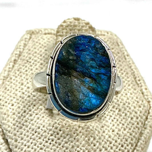 Sterling Silver Rough Lined Oval Labradorite Ring - Size 7 - Intuition, Protection & Transformation